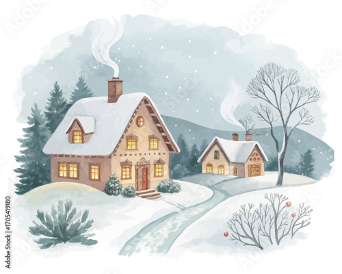Watercolor cozy village in snow vector illustration 