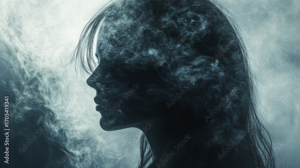 Fototapeta premium A silhouette of a woman's face is partially obscured by swirling smoke, creating a mysterious and ethereal atmosphere.
