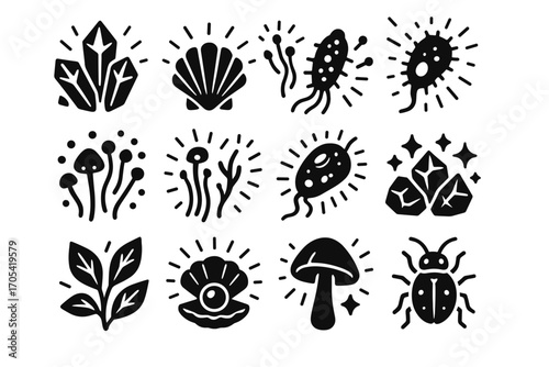 Bioluminescent vector icon phosphorescent luminous jellyfish fungi insects icons sparkling collection spores