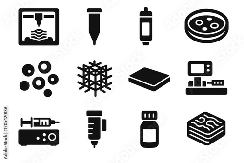 Tissue printer icon petri bio structure print nozzle cartridge vial vector cell