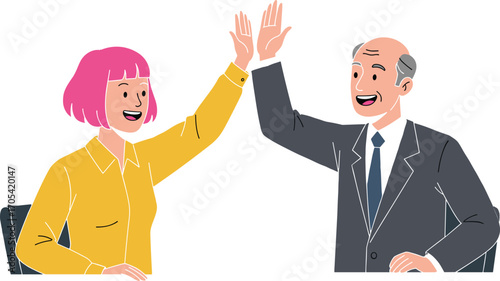 Happy elderly man and young woman giving high five, teamwork, collaboration, positive interaction, business success, celebration, partnership, diverse workplace.