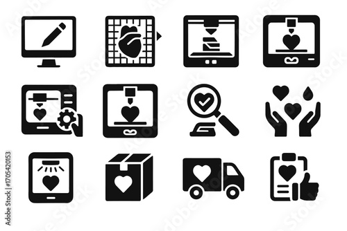 Print icons slicing modeling icon printing printer process bio quality delivery vector