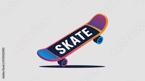 A vibrant skateboard with the word skate emblazoned on it, capturing the essence of youth culture and urban lifestyle