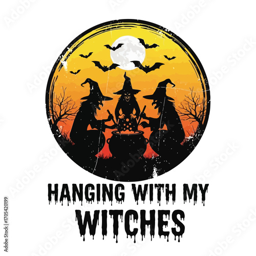 Vector art of three witches stir a cauldron under a full moon with bats flying around them