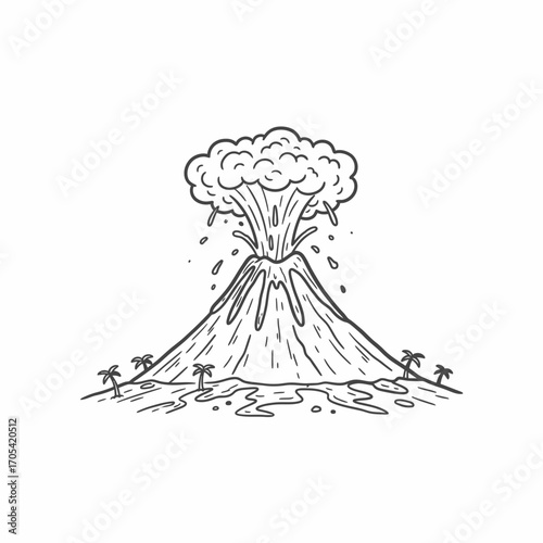 Illustration of a volcano erupting with smoke, lava flow, and surrounding land with palm trees.