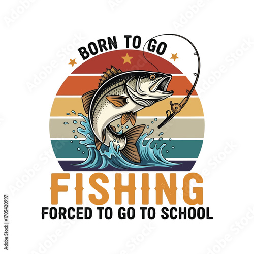 Vector art of a large fish jumps out of the water while a fishing rod is in its mouth