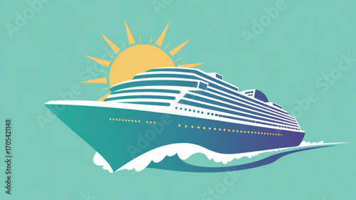 Cruise ship sailing on the ocean with sun shining, perfect for travel agencies and vacation planners