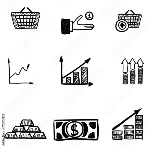Hand-drawn doodle style icons of shopping baskets, money, and graphs representing business growth