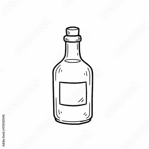 A simple, hand-drawn illustration of a glass bottle with a cork stopper and a blank label.