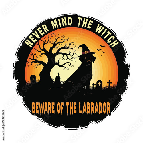 Vector art of a black labrador wearing a witch hat sits in a spooky graveyard at sunset