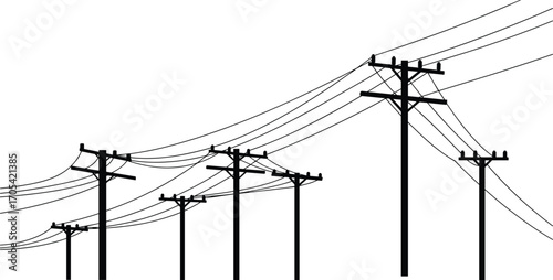 Power poles with wires, electrical transmission lines, utility poles vector, energy infrastructure, overhead power cables, rural electricity grid, electrical network, power supply system,