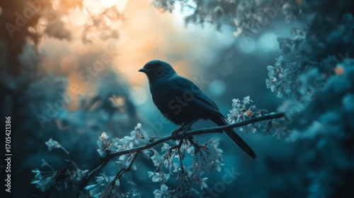 A small black bird perched on a branch of a blooming tree, with a soft, warm glow behind it.