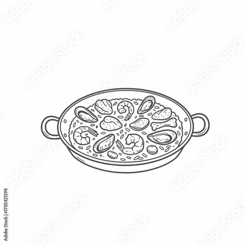 A line drawing of a paella dish filled with seafood and rice, ready to serve.
