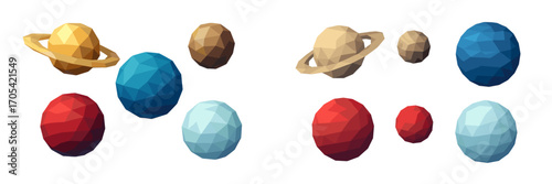 Abstract low poly geometric planets and celestial bodies set with faceted surfaces in a vibrant color palette