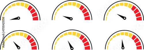 Speed signs. Speedometer black icons set. Speed indicators with arrows. Fast speed. Internet speed, gauge, dashboard, indicator, tachometer, scale. Credit score indicator. Risk levels meter icon