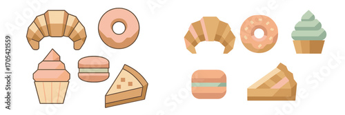Collection of stylized baked goods and sweet desserts including croissants, donuts, cupcakes, macarons, and pie slices in a modern flat design