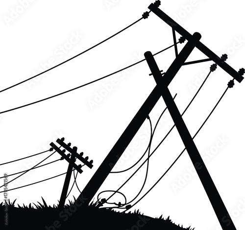 Fallen power poles, broken electric lines, damaged utility structure, electricity outage scene, tilted telephone poles, rural blackout, infrastructure collapse, storm aftermath, power failure vector