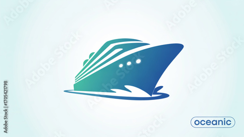 Oceanic logo design with a gradient of blue and green, featuring a stylized cruise ship on a light blue background