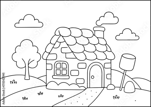 Coloring page, A marshmallow cabin surrounded by candy decorations.
