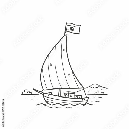 A simple line drawing of a sailboat with a striped sail and flag, sailing on the water near land.