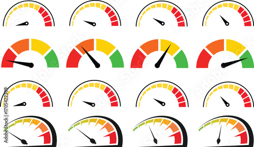 Speed signs. Speedometer black icons set. Speed indicators with arrows. Fast speed. Internet speed, gauge, dashboard, indicator, tachometer, scale. Credit score indicator. Risk levels meter icon