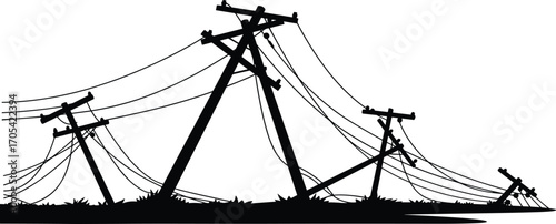 Fallen electric poles, damaged power lines, utility collapse, electrical infrastructure failure, power outage scene, rural blackout, storm destruction, downed wires, broken electricity grid,