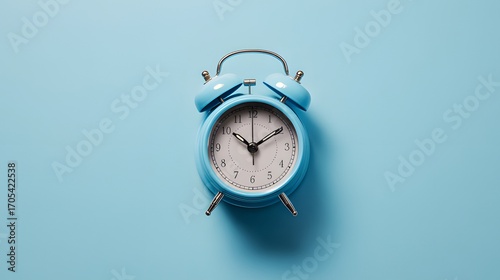Vintage alarm clock placed on a pastel blue surface, captured in a minimalist flat lay composition.