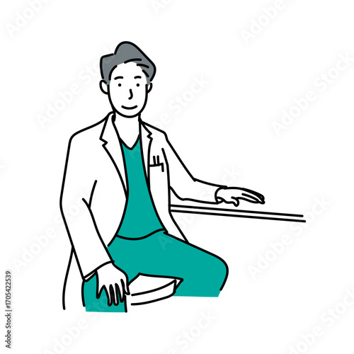 白衣を着た男性医師が椅子に腰掛け、穏やかな表情で説明をする姿を描いたイラスト｜医療現場や健康関連コンテンツに適した信頼感ある医療従事者のイメージ