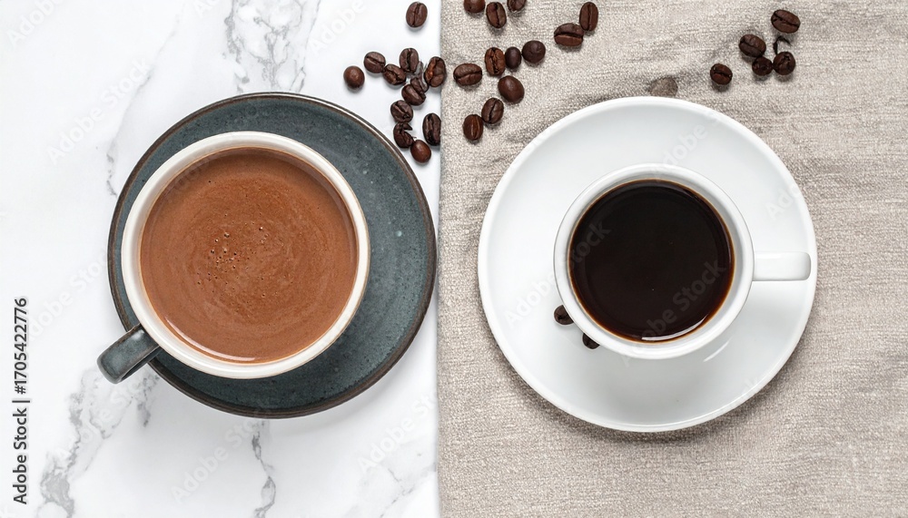 Obraz premium Minimalist flat-lay images of coffee and cacao cups on plain backgrounds (beige, pastel, white, stone). Clean compositions, commercial design style, modern and neutral lifestyle setups. Perfect for ad