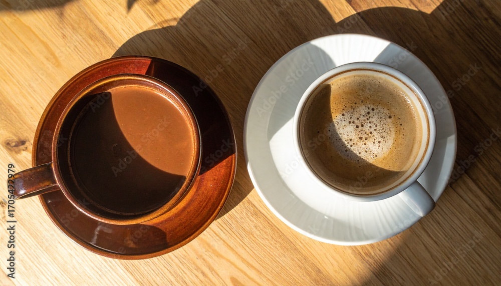 Obraz premium Minimalist flat-lay images of coffee and cacao cups on plain backgrounds (beige, pastel, white, stone). Clean compositions, commercial design style, modern and neutral lifestyle setups. Perfect for ad