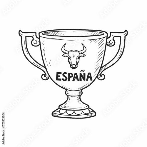 A hand-drawn sketch of a trophy, featuring a bull's head and the word "España".