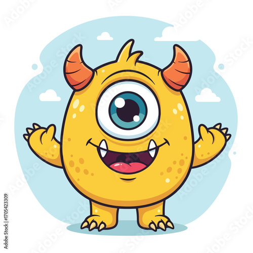 Vector art of a cheerful, oneeyed yellow monster with horns and a wide smile, standing happily