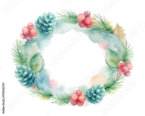 Watercolor Christmas wreaths pine cones vector illustration 