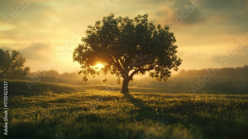 Wallpaper Mural A solitary tree stands in a field at sunset, the sun shining through its leaves. Torontodigital.ca