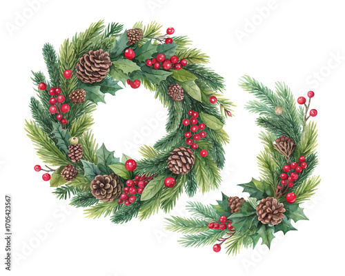 Watercolor Christmas wreaths pine cones vector illustration isolated on white background