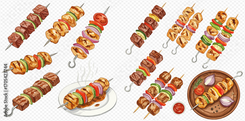 A collection of various grilled meat and vegetable kebabs, some served on a plate with sauce.