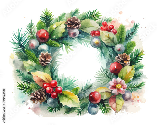 Watercolor Christmas wreaths pine cones