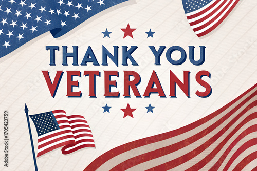 poster with thank you veterans text. Thank you veterans message with American flags and stars design  