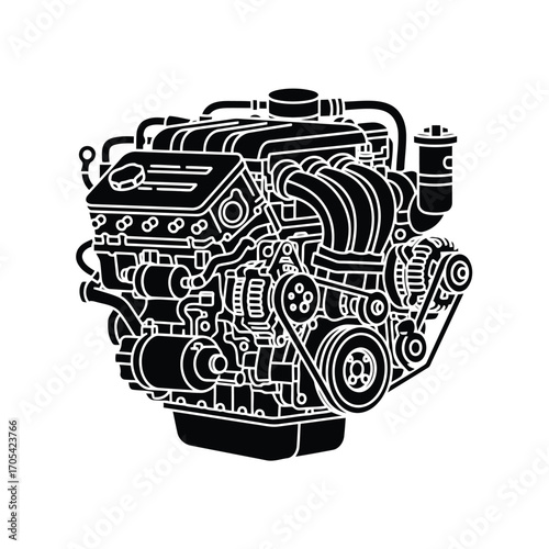 Vector art of detailed illustration of a car engine, showcasing its complex mechanical components and design
