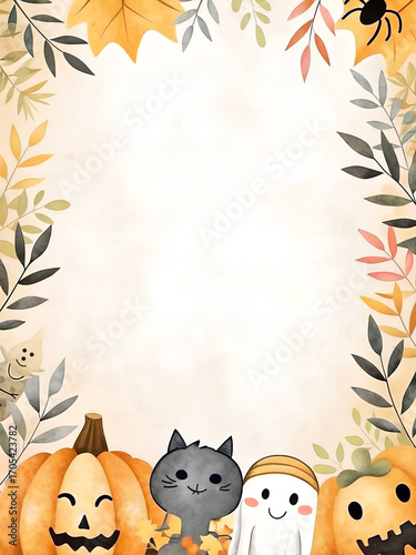 Cute Halloween-themed illustration with pumpkins and friendly characters  