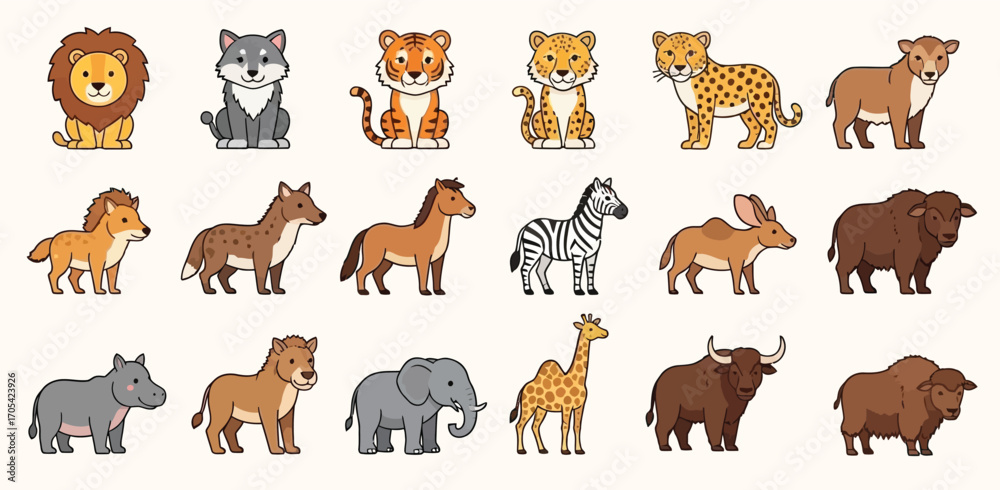 Fototapeta premium Set of cute cartoon wild animals including lion, wolf, tiger, leopard, zebra, elephant, giraffe, bison, and more.