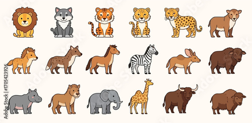 Set of cute cartoon wild animals including lion, wolf, tiger, leopard, zebra, elephant, giraffe, bison, and more.
