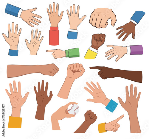Set of hands in doodle style isolated human hands. Vector different hand positions