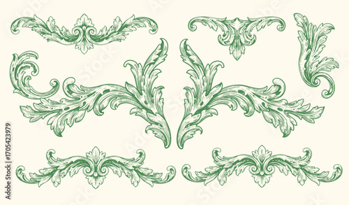 Set vector of Vintage Baroque Victorian border, frame , corners ornamental. Hand drawn floral leaf scroll filigree engraved retro flower pattern decorative design isolated