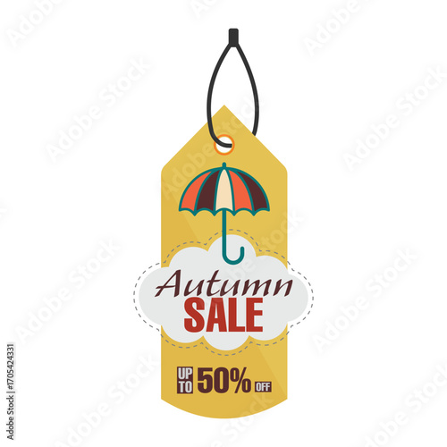 Autumn sale tag with umbrella and cloud design offering a fifty percent discount now.