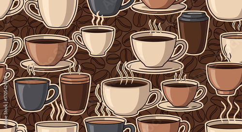 Coffee Cups With Beans Decorative Seamless Pattern For Cafe