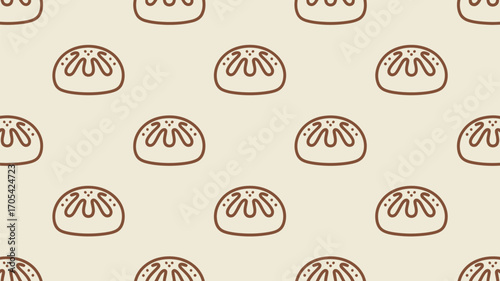 Seamless pattern featuring stylized buns with decorative topping on a light beige background spread evenly