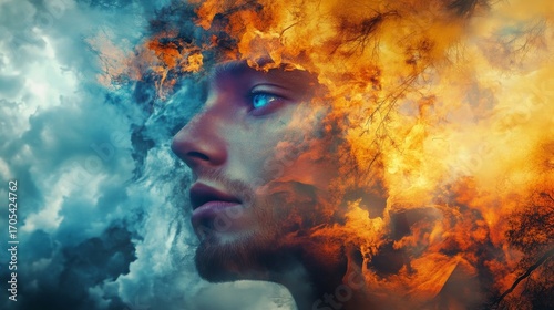 A surreal portrait of a man with flames and clouds engulfing his head, symbolizing the duality of nature.