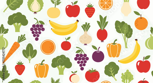 Colorful Fruits And Vegetables Pattern Background For Healthy Food