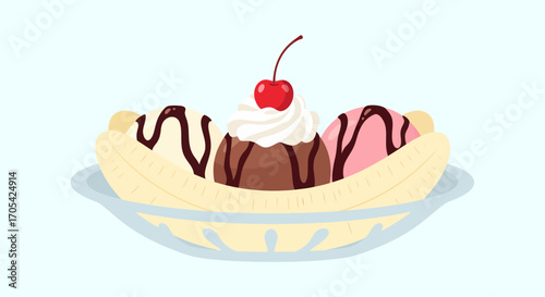 Delicious Banana Split With Three Ice Cream Scoops And Cherry
